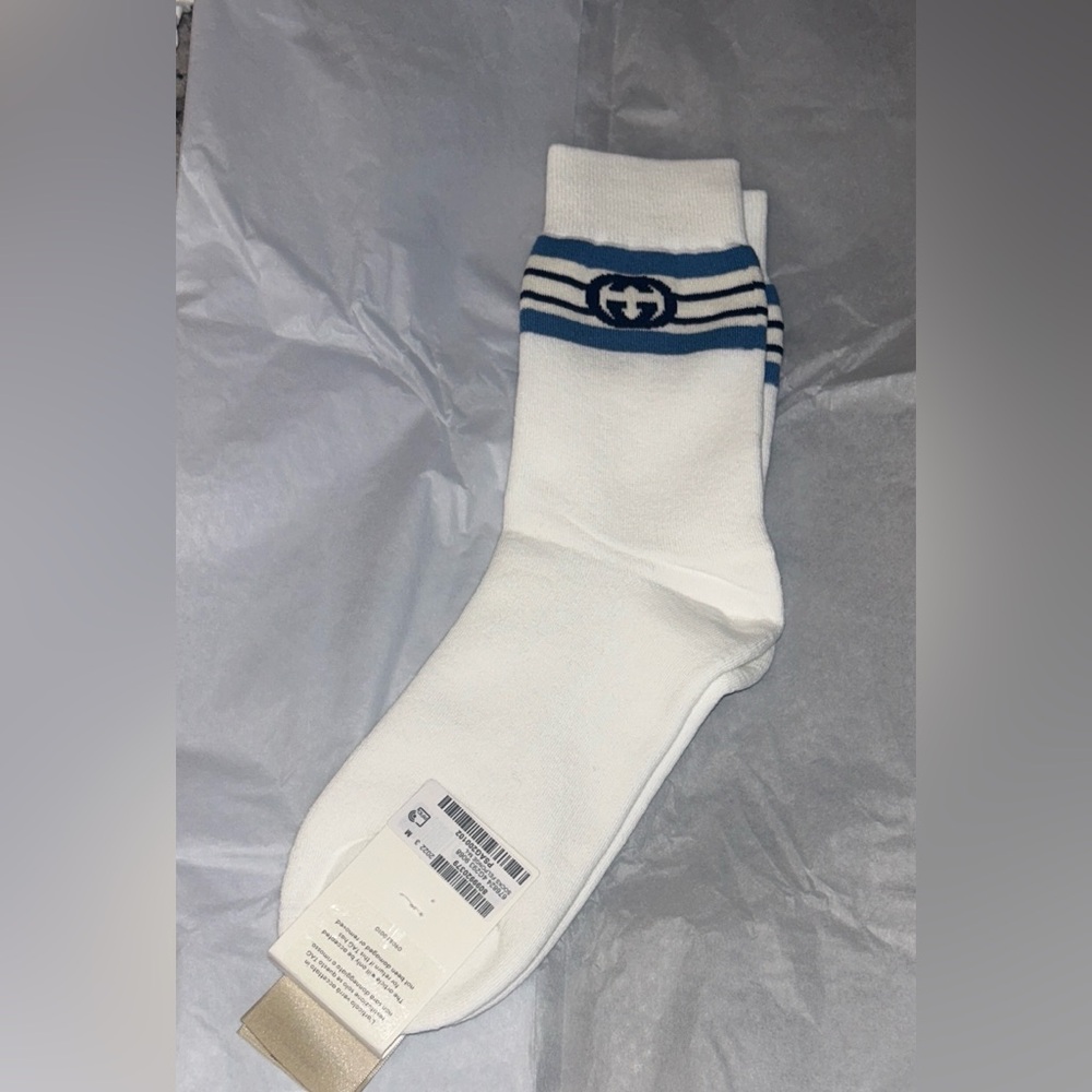 Gucci GG Logo Socks White with Blue Logo - Size M - 24-26 cm